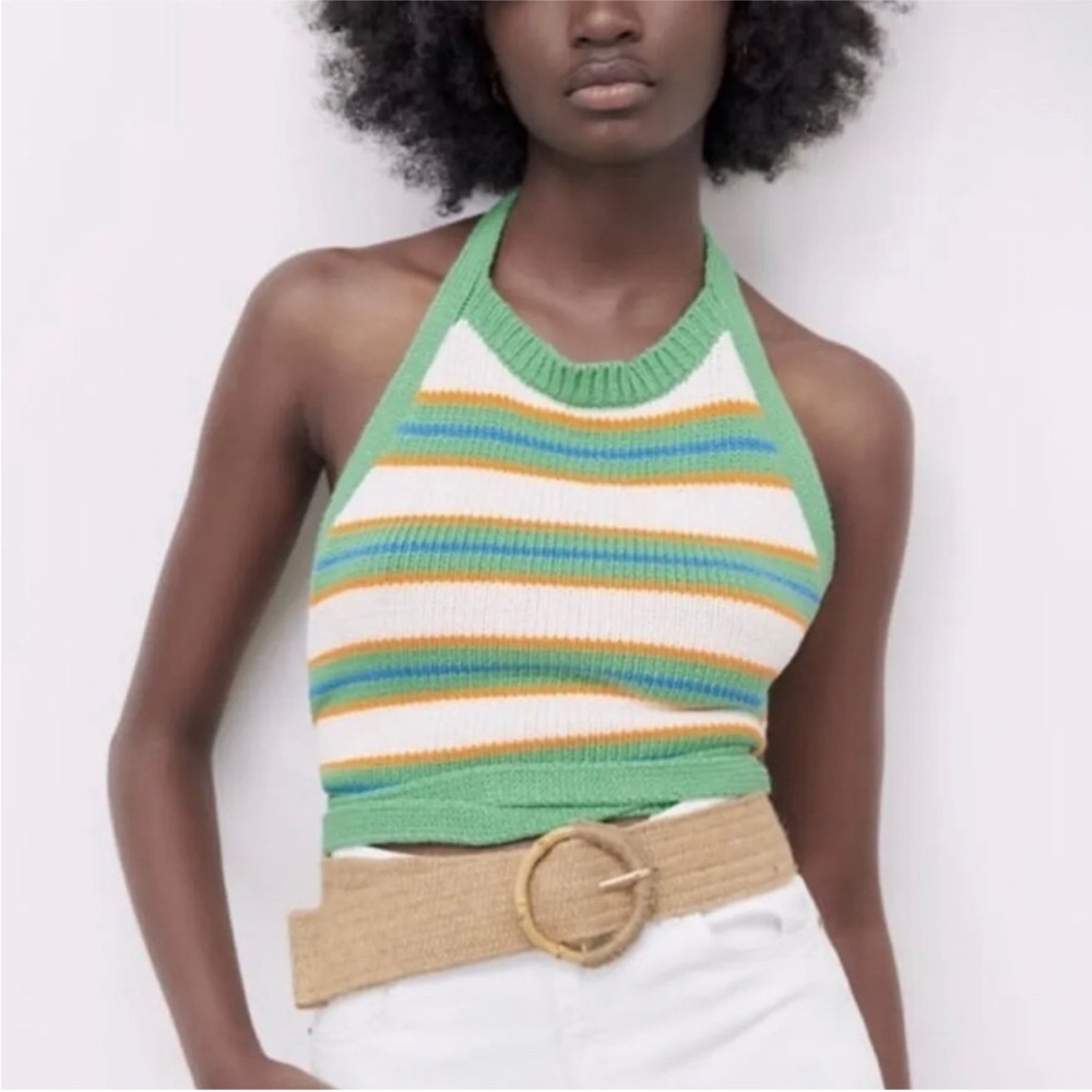 Zara Knit Green Multicolor Striped Halter Crop Top- Small